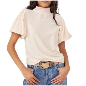 Free People Claudia Velvet T-Shirt Puff Sleeves Champagne Toast- Size Medium